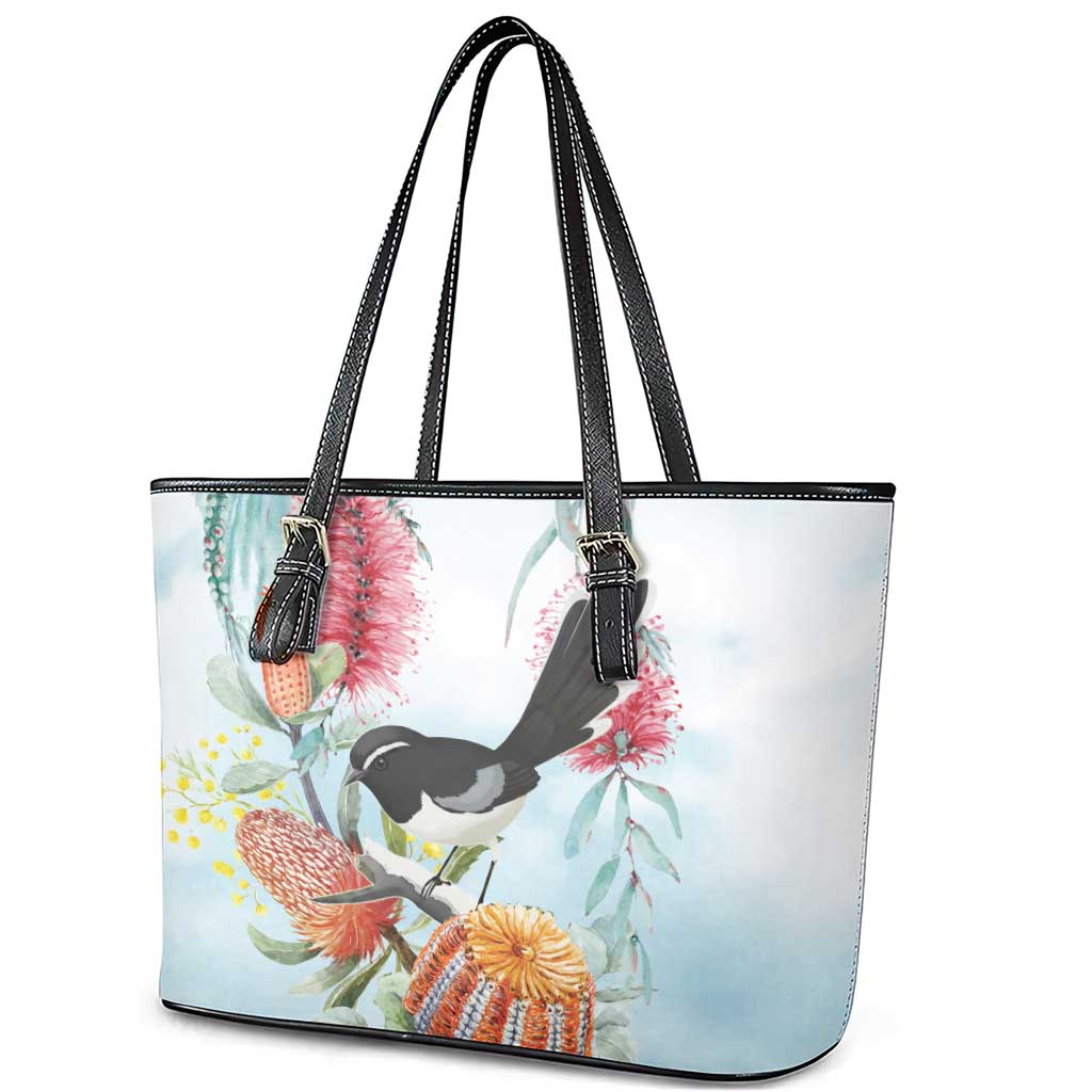 Willie wagtail Australia Leather Tote Bag Banksia Bottlebrushes Watercolor Stylized - Aussie Hoodie