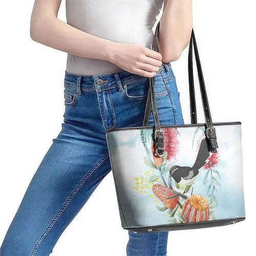 Willie wagtail Australia Leather Tote Bag Banksia Bottlebrushes Watercolor Stylized - Aussie Hoodie