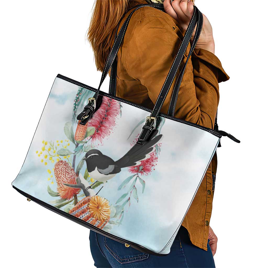 Willie wagtail Australia Leather Tote Bag Banksia Bottlebrushes Watercolor Stylized - Aussie Hoodie