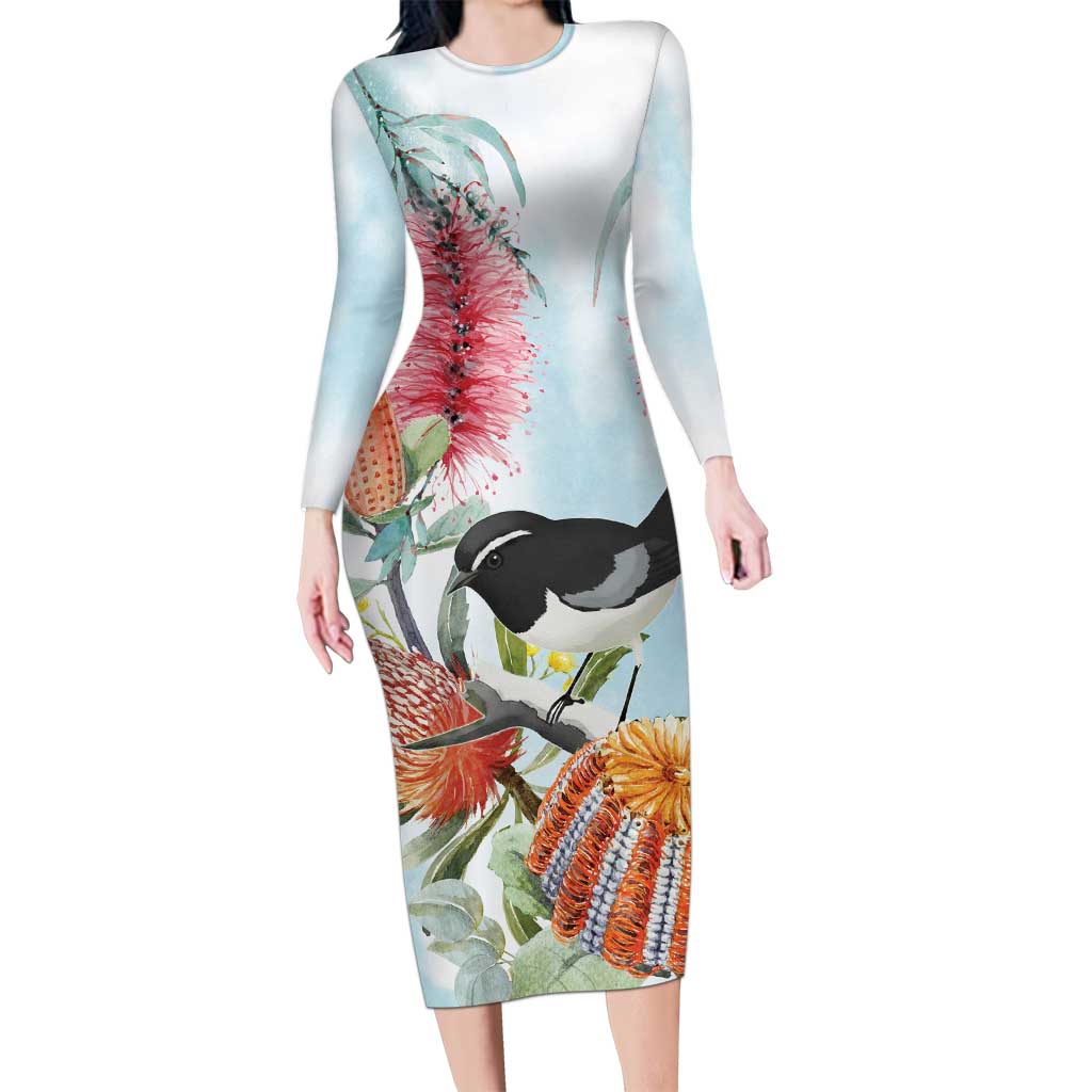 Willie wagtail Australia Long Sleeve Bodycon Dress Banksia Bottlebrushes Watercolor Stylized - Aussie Hoodie