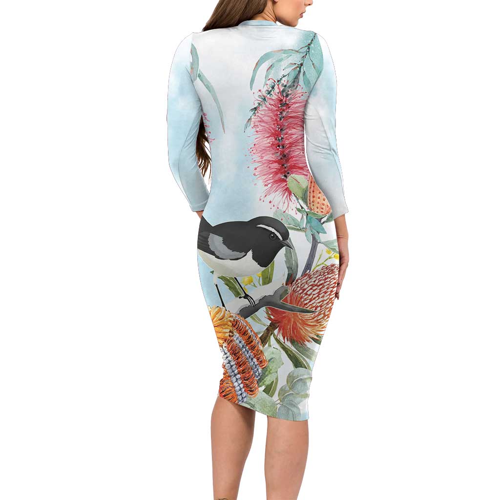 Willie wagtail Australia Long Sleeve Bodycon Dress Banksia Bottlebrushes Watercolor Stylized - Aussie Hoodie