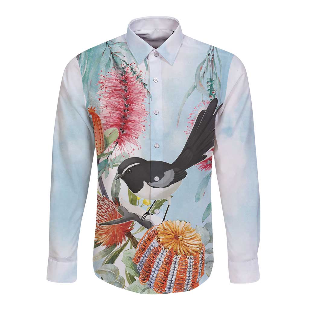 Willie wagtail Australia Long Sleeve Button Shirt Banksia Bottlebrushes Watercolor Stylized - Aussie Hoodie