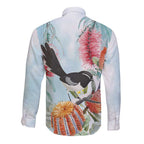 Willie wagtail Australia Long Sleeve Button Shirt Banksia Bottlebrushes Watercolor Stylized - Aussie Hoodie