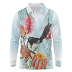 Willie wagtail Australia Long Sleeve Polo Shirt Banksia Bottlebrushes Watercolor Stylized - Aussie Hoodie