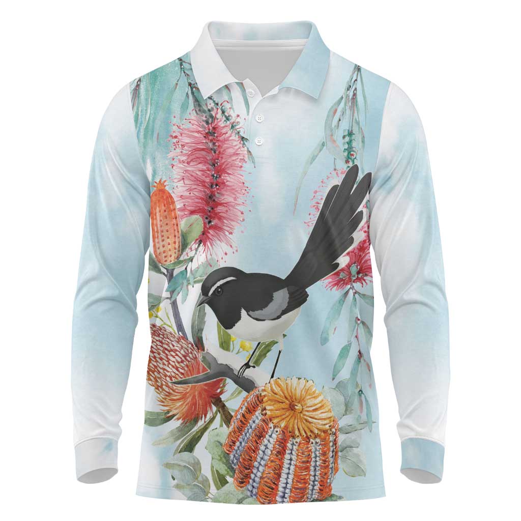Willie wagtail Australia Long Sleeve Polo Shirt Banksia Bottlebrushes Watercolor Stylized - Aussie Hoodie