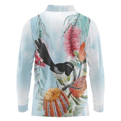 Willie wagtail Australia Long Sleeve Polo Shirt Banksia Bottlebrushes Watercolor Stylized - Aussie Hoodie