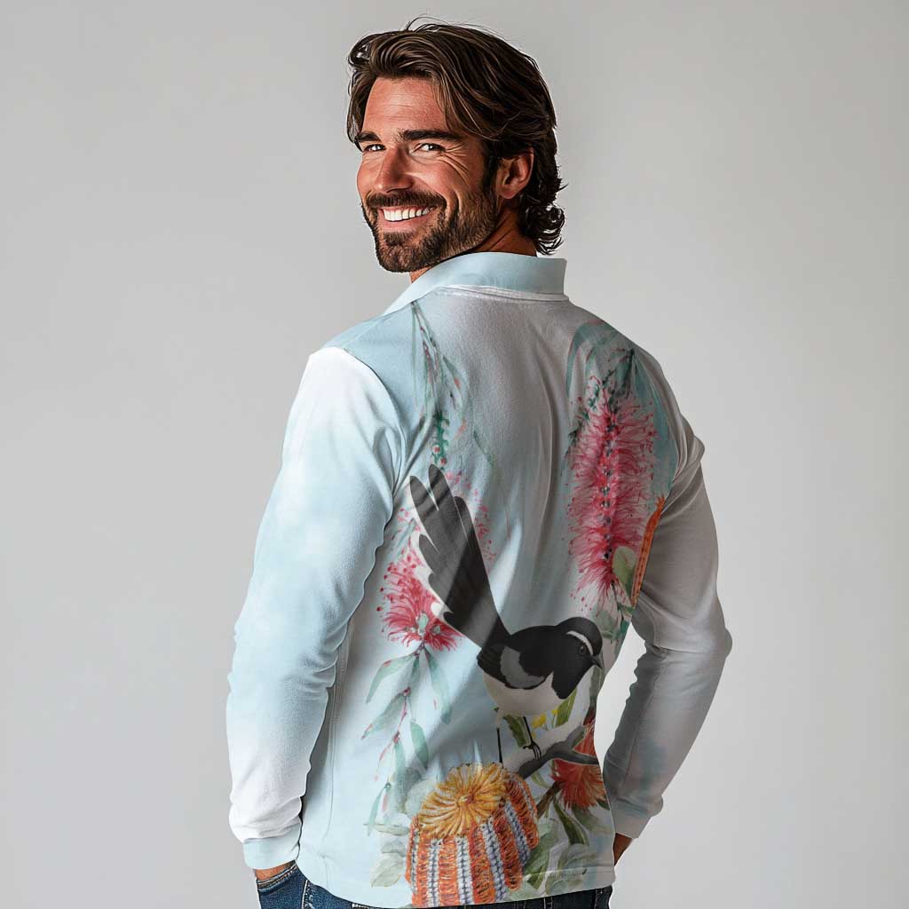 Willie wagtail Australia Long Sleeve Polo Shirt Banksia Bottlebrushes Watercolor Stylized - Aussie Hoodie