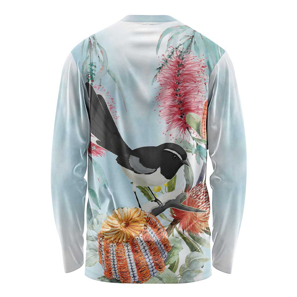 Willie wagtail Australia Long Sleeve Shirt Banksia Bottlebrushes Watercolor Stylized - Aussie Hoodie