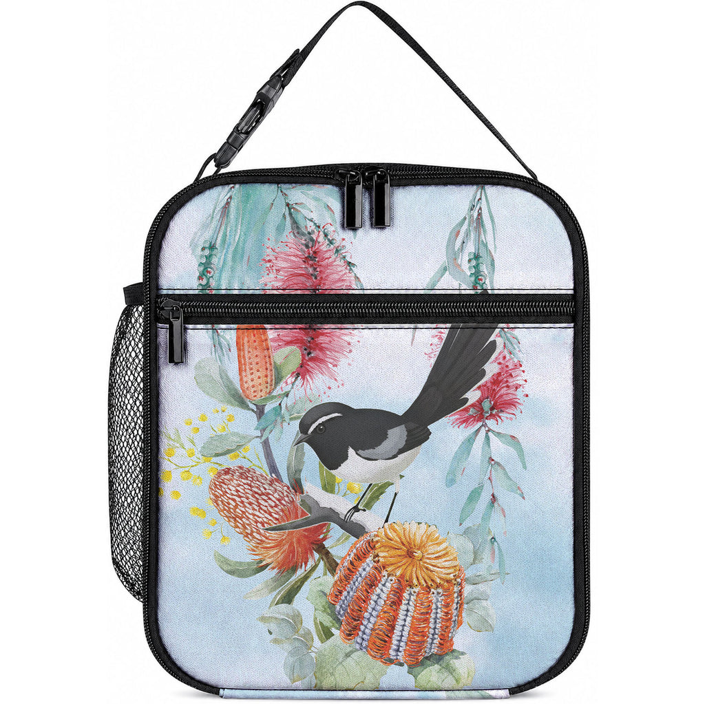 Willie wagtail Australia Lunch Bag Banksia Bottlebrushes Watercolor Stylized