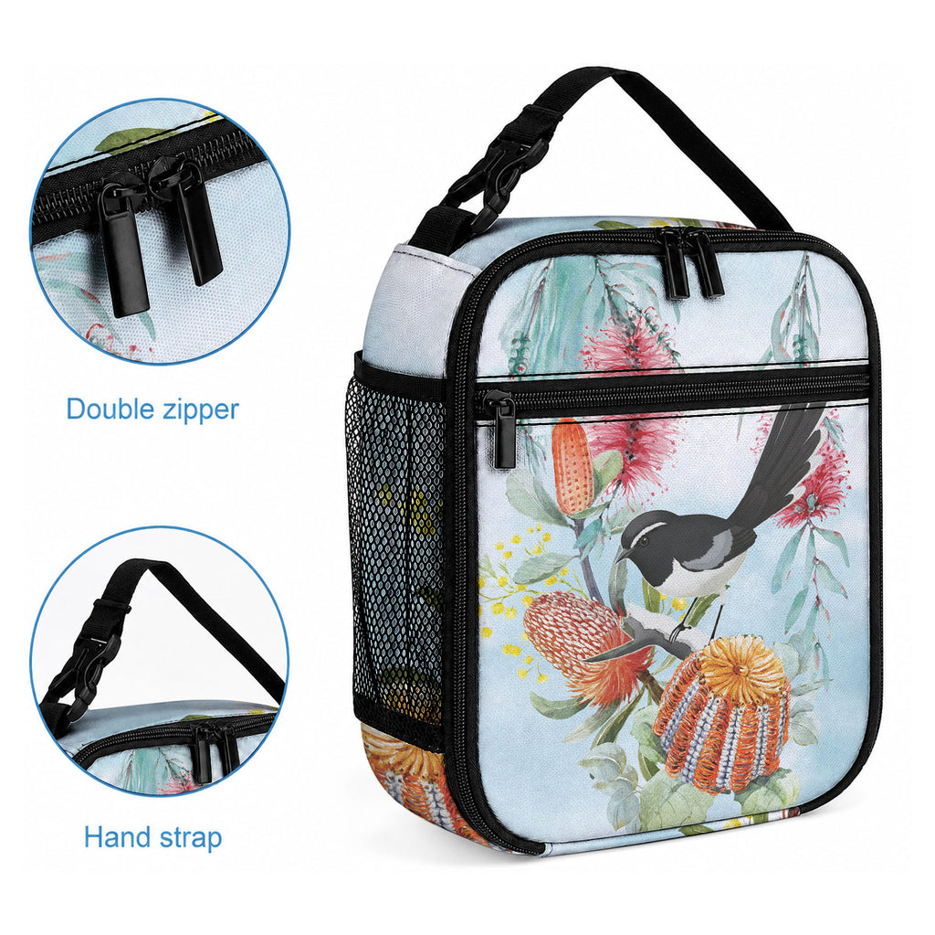 Willie wagtail Australia Lunch Bag Banksia Bottlebrushes Watercolor Stylized