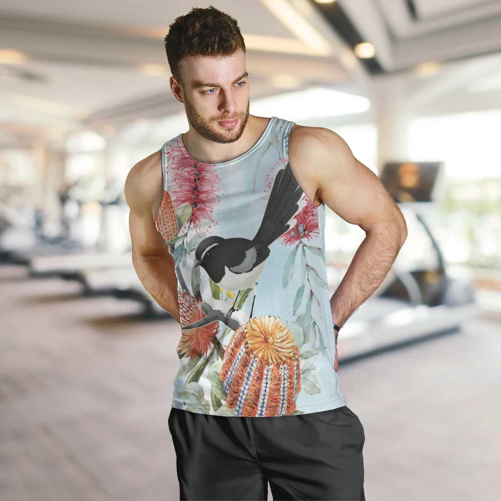Willie wagtail Australia Men Tank Top Banksia Bottlebrushes Watercolor Stylized - Aussie Hoodie