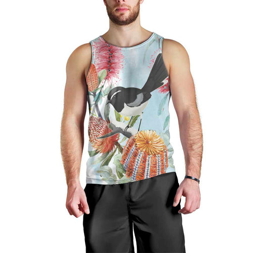 Willie wagtail Australia Men Tank Top Banksia Bottlebrushes Watercolor Stylized - Aussie Hoodie