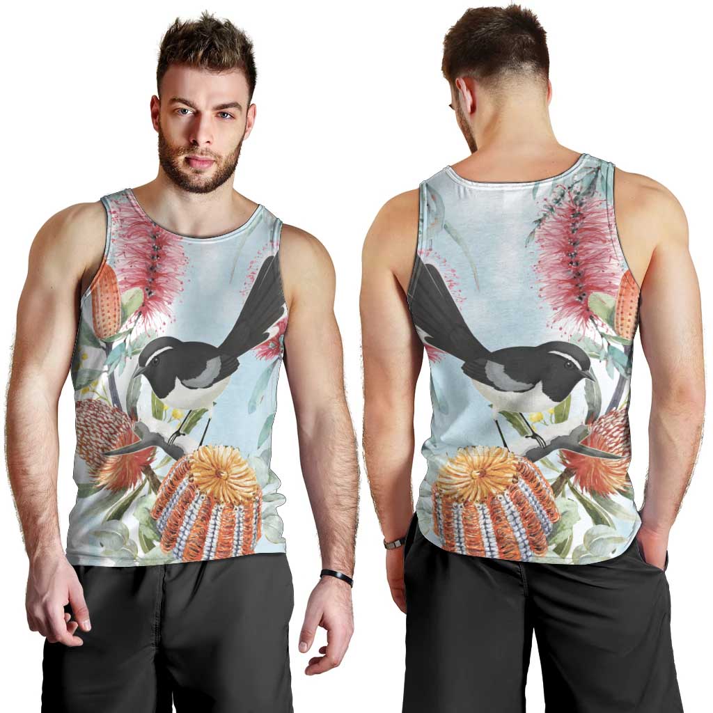 Willie wagtail Australia Men Tank Top Banksia Bottlebrushes Watercolor Stylized - Aussie Hoodie