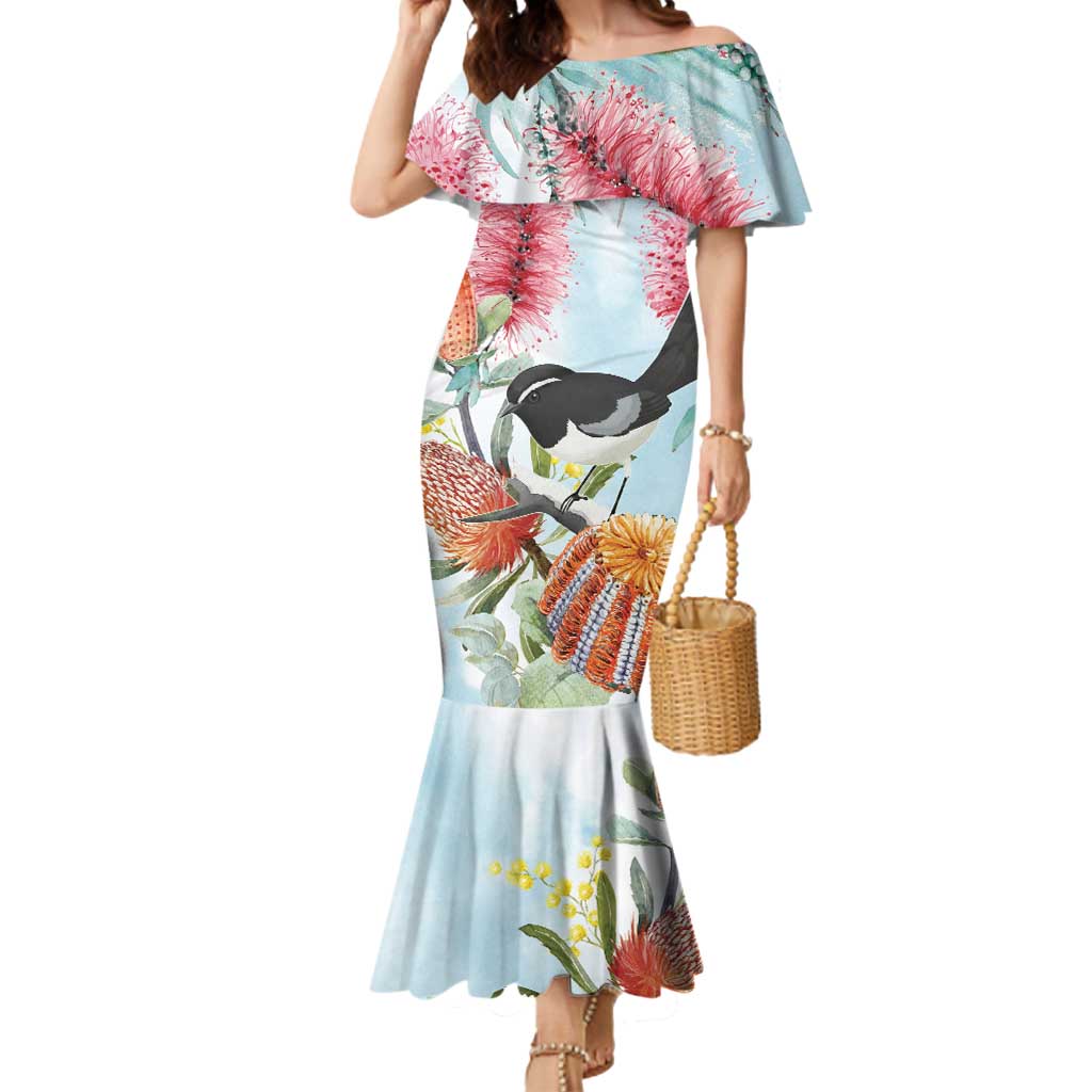 Willie wagtail Australia Mermaid Dress Banksia Bottlebrushes Watercolor Stylized - Aussie Hoodie