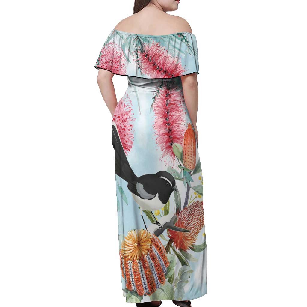 Willie wagtail Australia Off Shoulder Maxi Dress Banksia Bottlebrushes Watercolor Stylized - Aussie Hoodie