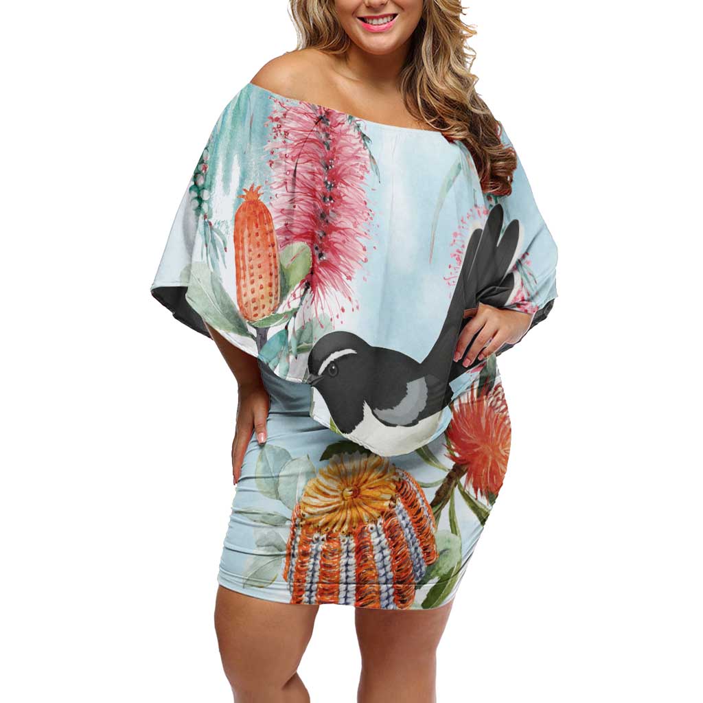 Willie wagtail Australia Off Shoulder Short Dress Banksia Bottlebrushes Watercolor Stylized - Aussie Hoodie
