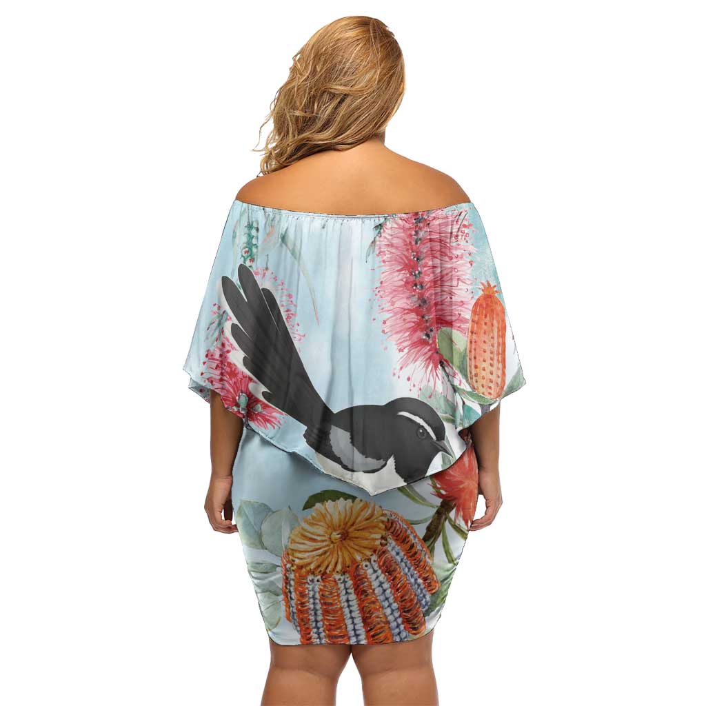 Willie wagtail Australia Off Shoulder Short Dress Banksia Bottlebrushes Watercolor Stylized - Aussie Hoodie