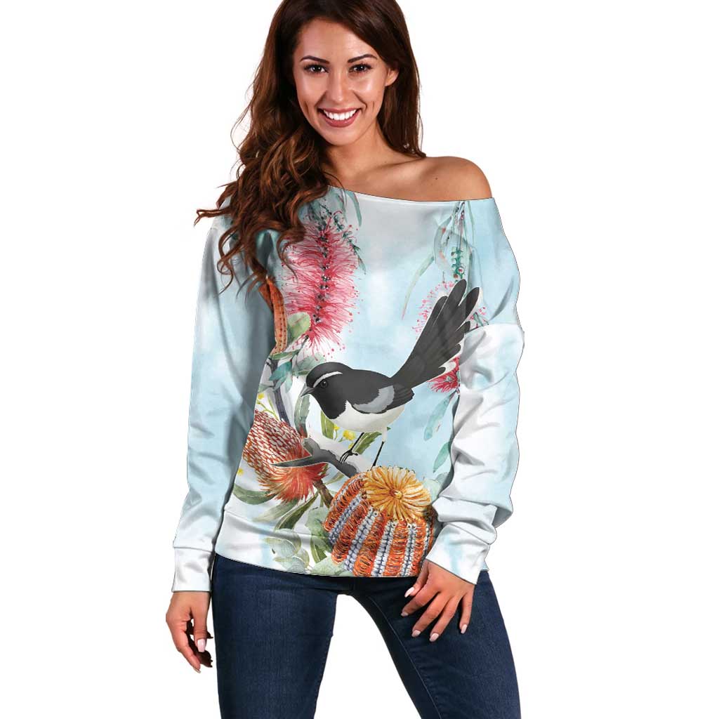 Willie wagtail Australia Off Shoulder Sweater Banksia Bottlebrushes Watercolor Stylized - Aussie Hoodie