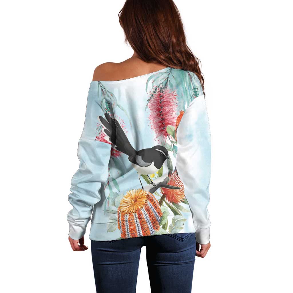 Willie wagtail Australia Off Shoulder Sweater Banksia Bottlebrushes Watercolor Stylized - Aussie Hoodie