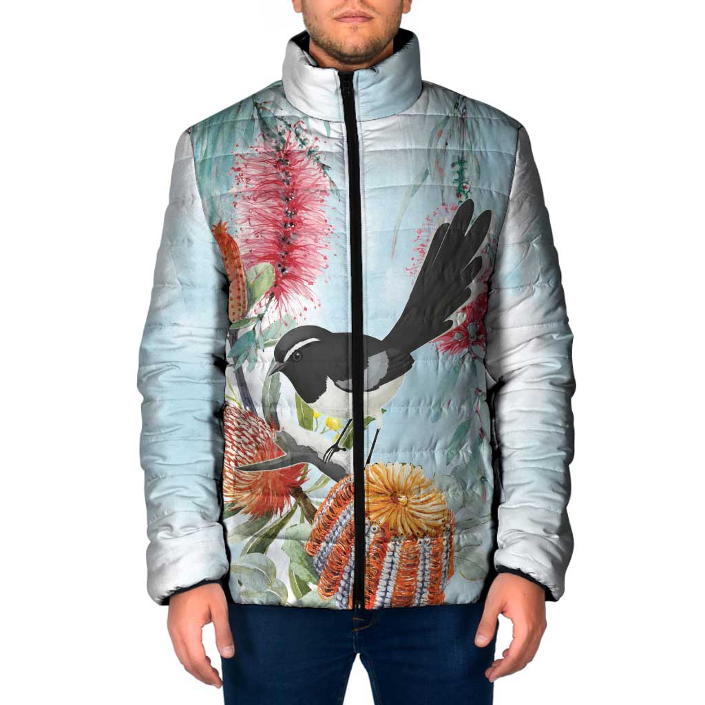 Willie wagtail Australia Padded Jacket Banksia Bottlebrushes Watercolor Stylized - Aussie Hoodie