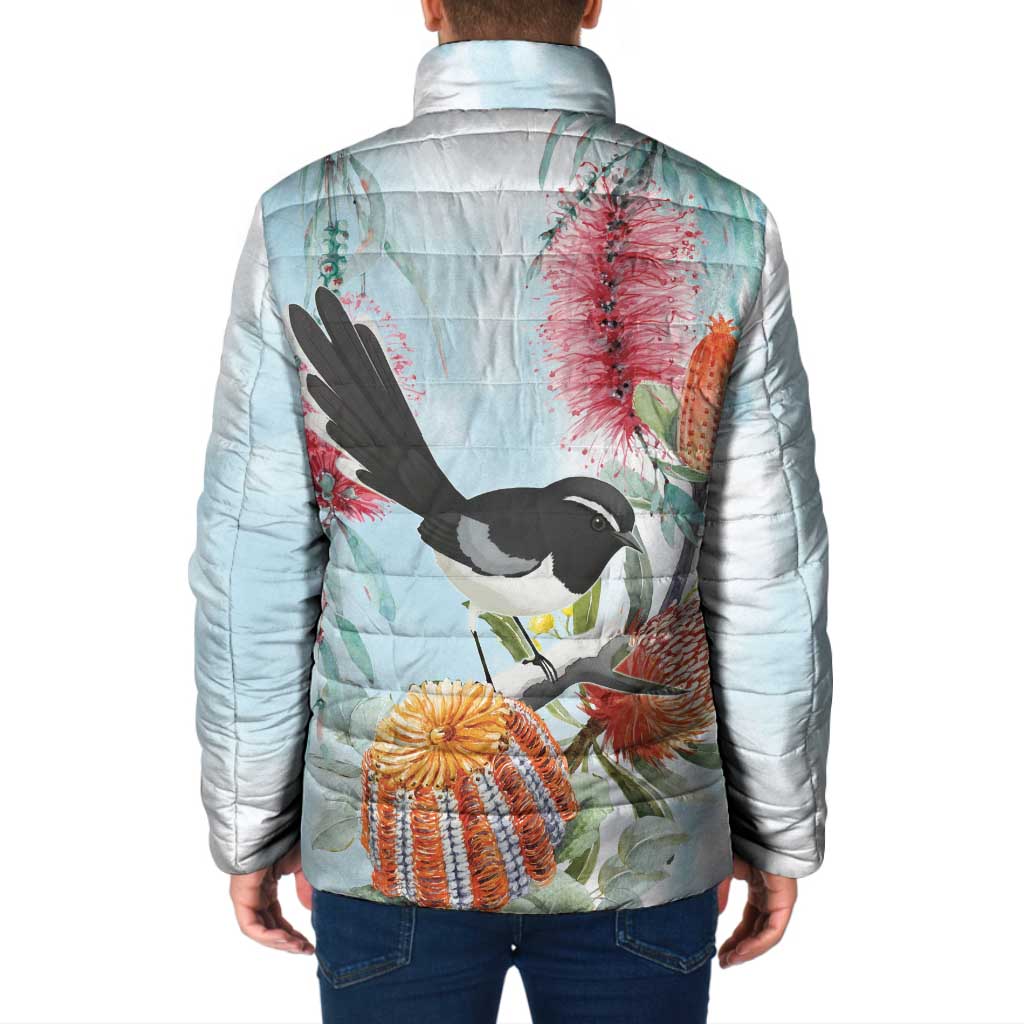 Willie wagtail Australia Padded Jacket Banksia Bottlebrushes Watercolor Stylized - Aussie Hoodie