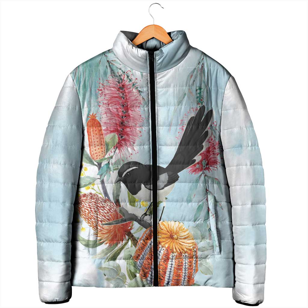 Willie wagtail Australia Padded Jacket Banksia Bottlebrushes Watercolor Stylized - Aussie Hoodie