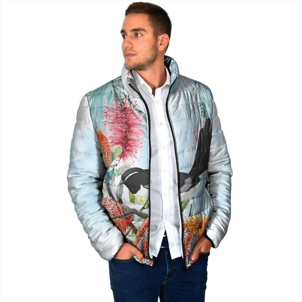 Willie wagtail Australia Padded Jacket Banksia Bottlebrushes Watercolor Stylized - Aussie Hoodie