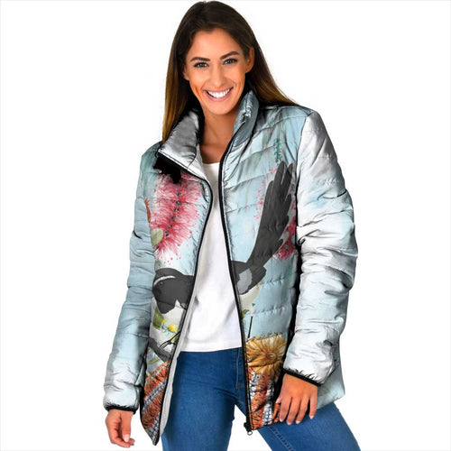 Willie wagtail Australia Padded Jacket Banksia Bottlebrushes Watercolor Stylized - Aussie Hoodie