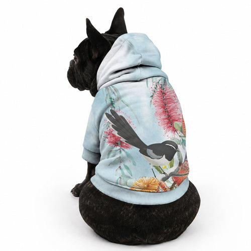 Willie wagtail Australia Pet Hoodie Banksia Bottlebrushes Watercolor Stylized
