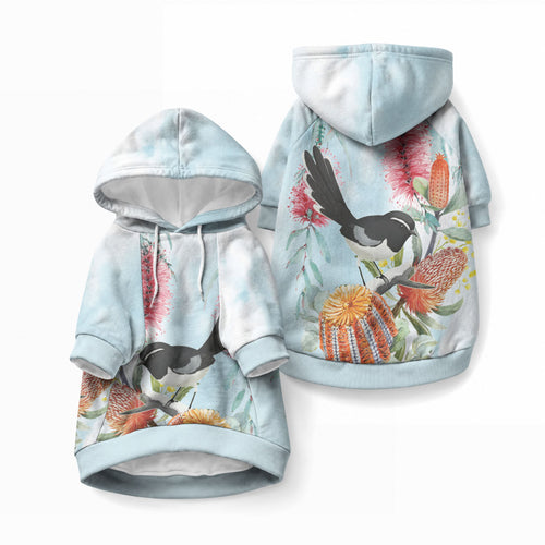 Willie wagtail Australia Pet Hoodie Banksia Bottlebrushes Watercolor Stylized