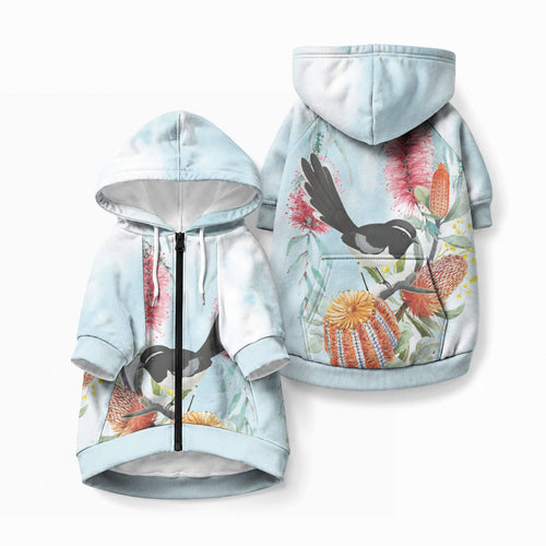 Willie wagtail Australia Pet Hoodie Banksia Bottlebrushes Watercolor Stylized