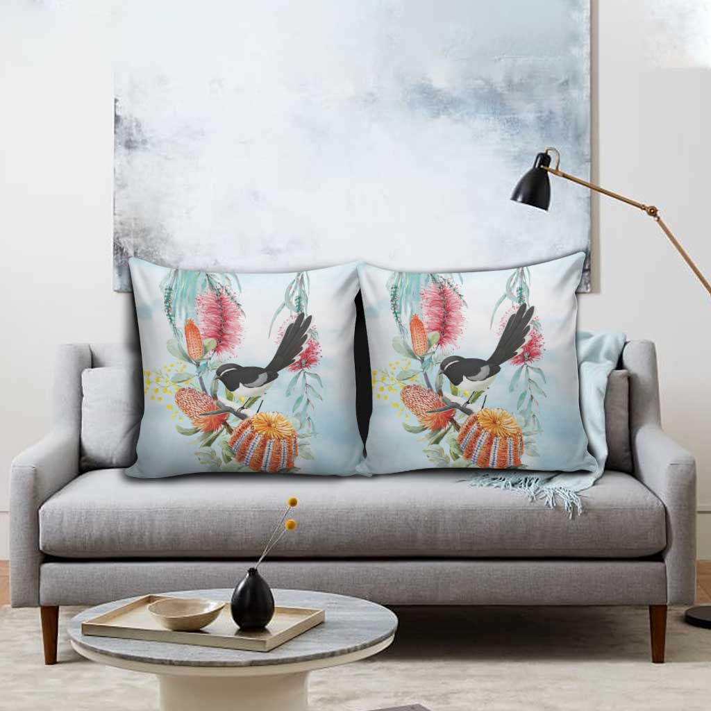 Willie wagtail Australia Pillow Cover Banksia Bottlebrushes Watercolor Stylized - Aussie Hoodie