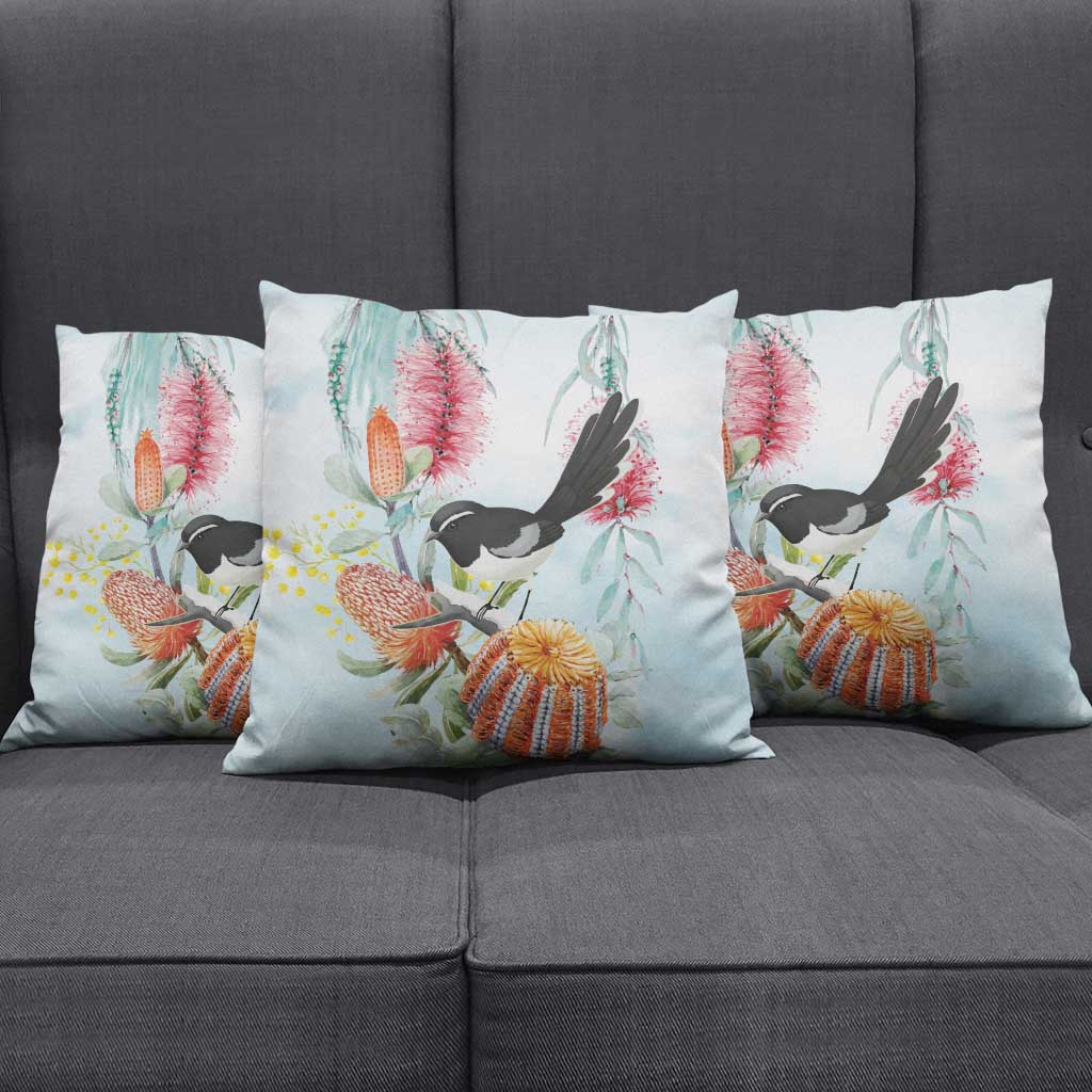 Willie wagtail Australia Pillow Cover Banksia Bottlebrushes Watercolor Stylized - Aussie Hoodie