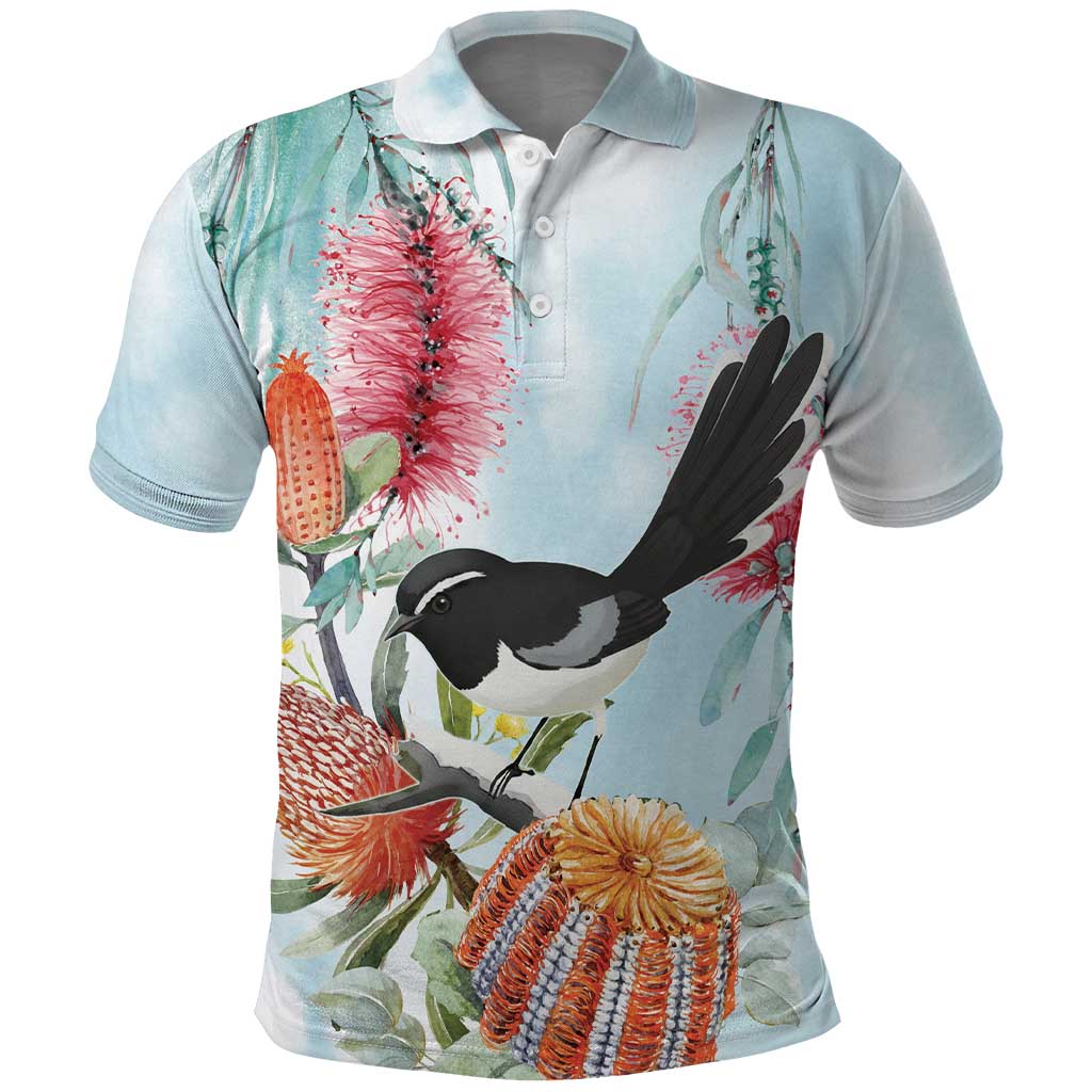 Willie wagtail Australia Polo Shirt Banksia Bottlebrushes Watercolor Stylized - Aussie Hoodie