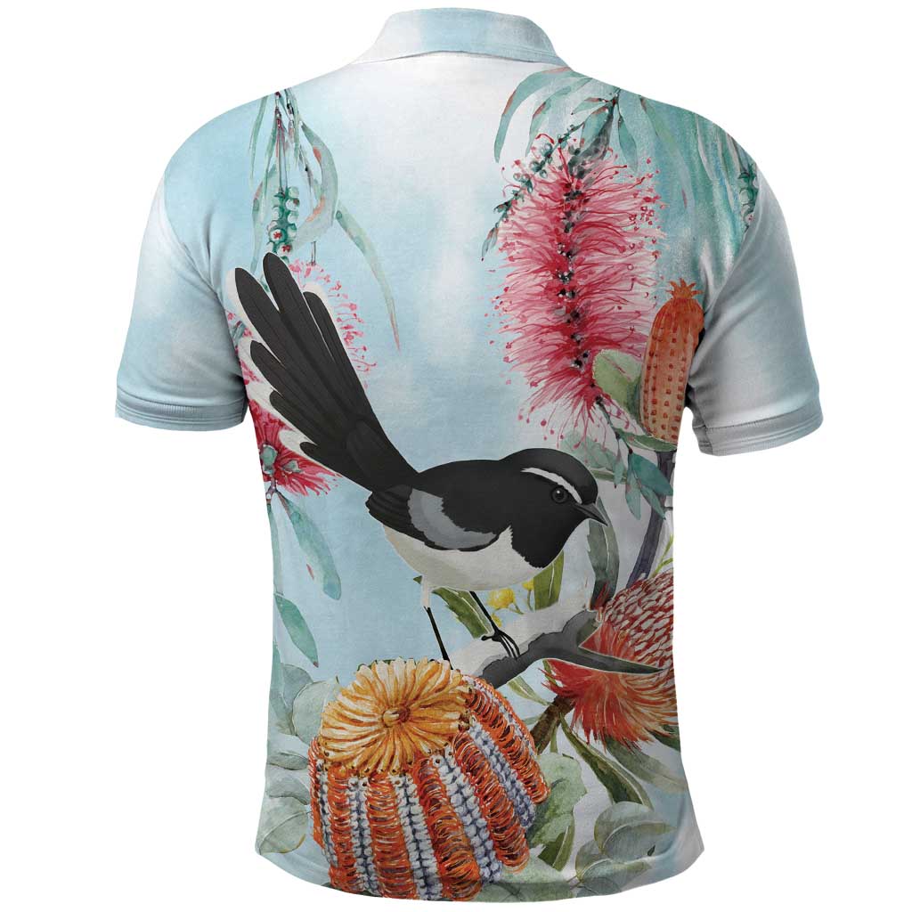Willie wagtail Australia Polo Shirt Banksia Bottlebrushes Watercolor Stylized - Aussie Hoodie
