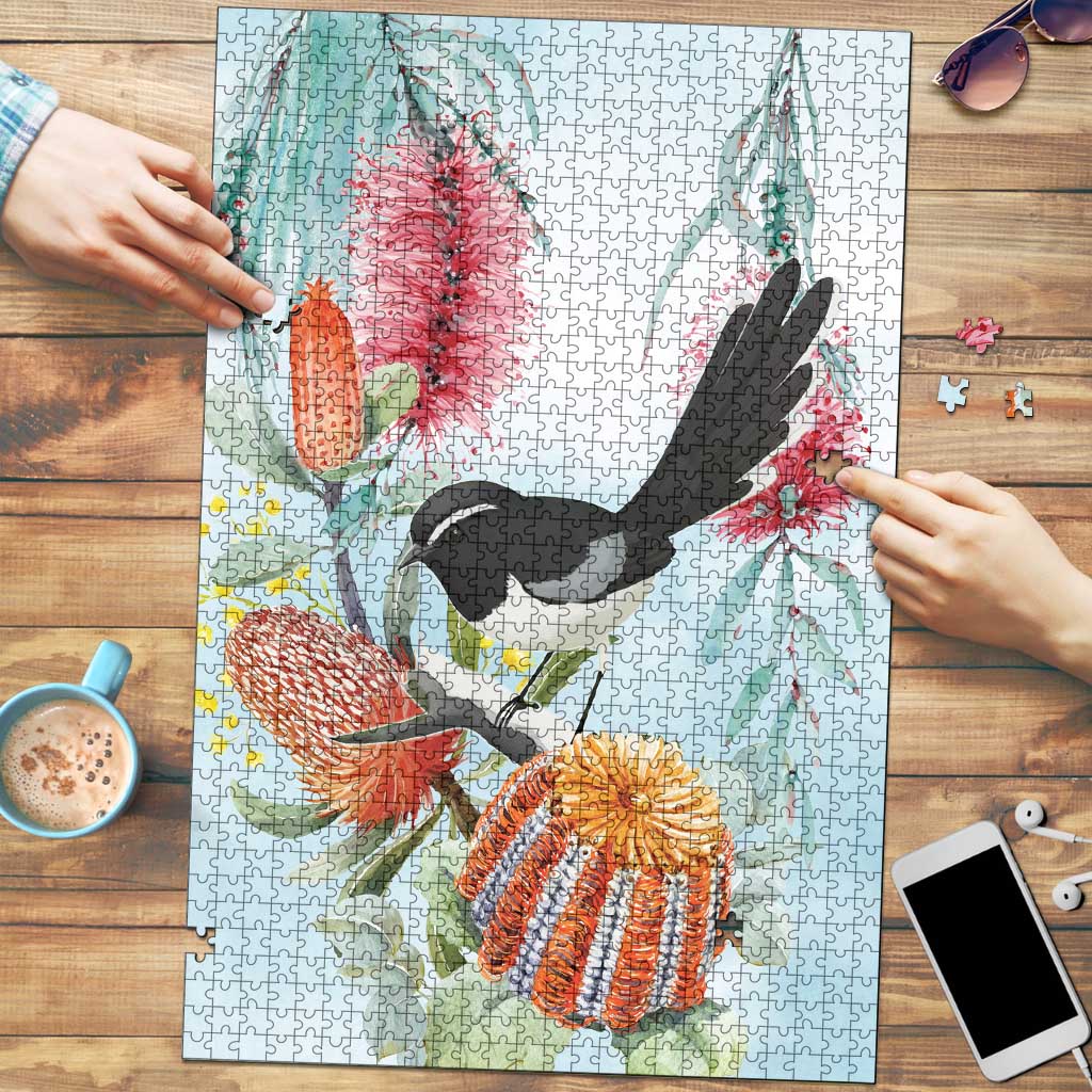 Willie wagtail Australia Puzzle Banksia Bottlebrushes Watercolor Stylized - Aussie Hoodie