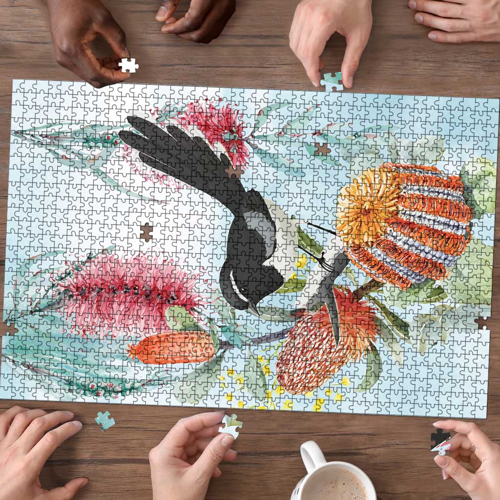 Willie wagtail Australia Puzzle Banksia Bottlebrushes Watercolor Stylized - Aussie Hoodie