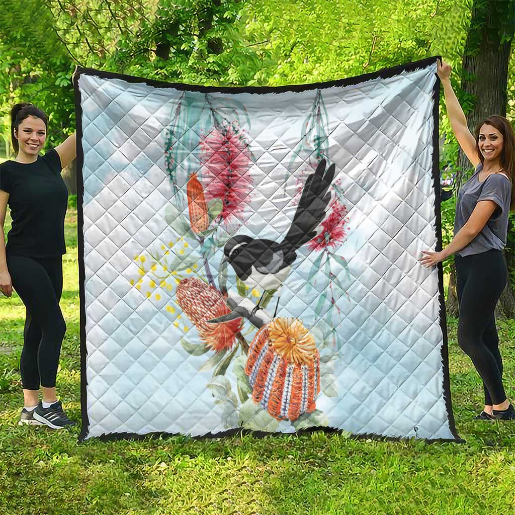Willie wagtail Australia Quilt Banksia Bottlebrushes Watercolor Stylized - Aussie Hoodie