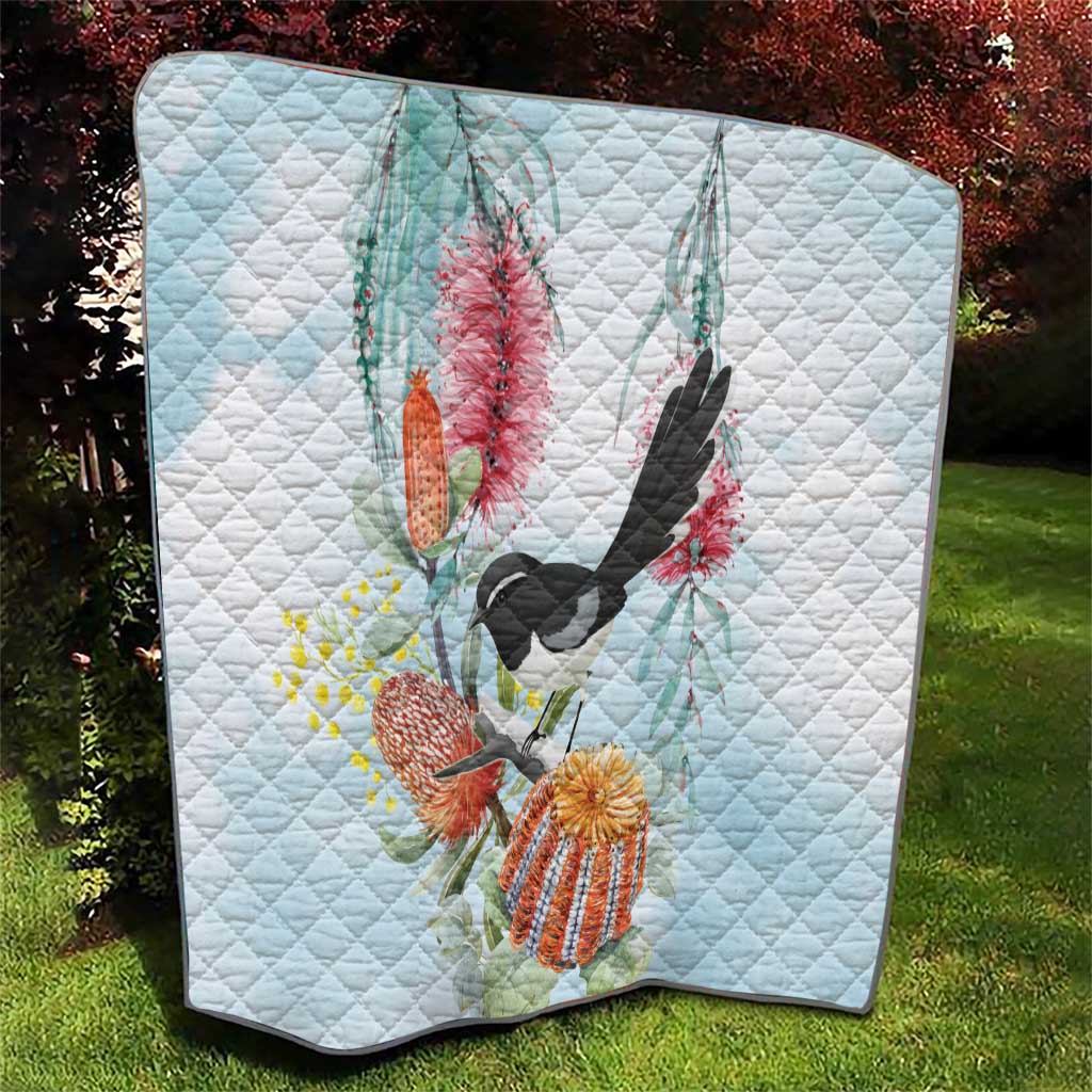 Willie wagtail Australia Quilt Banksia Bottlebrushes Watercolor Stylized - Aussie Hoodie