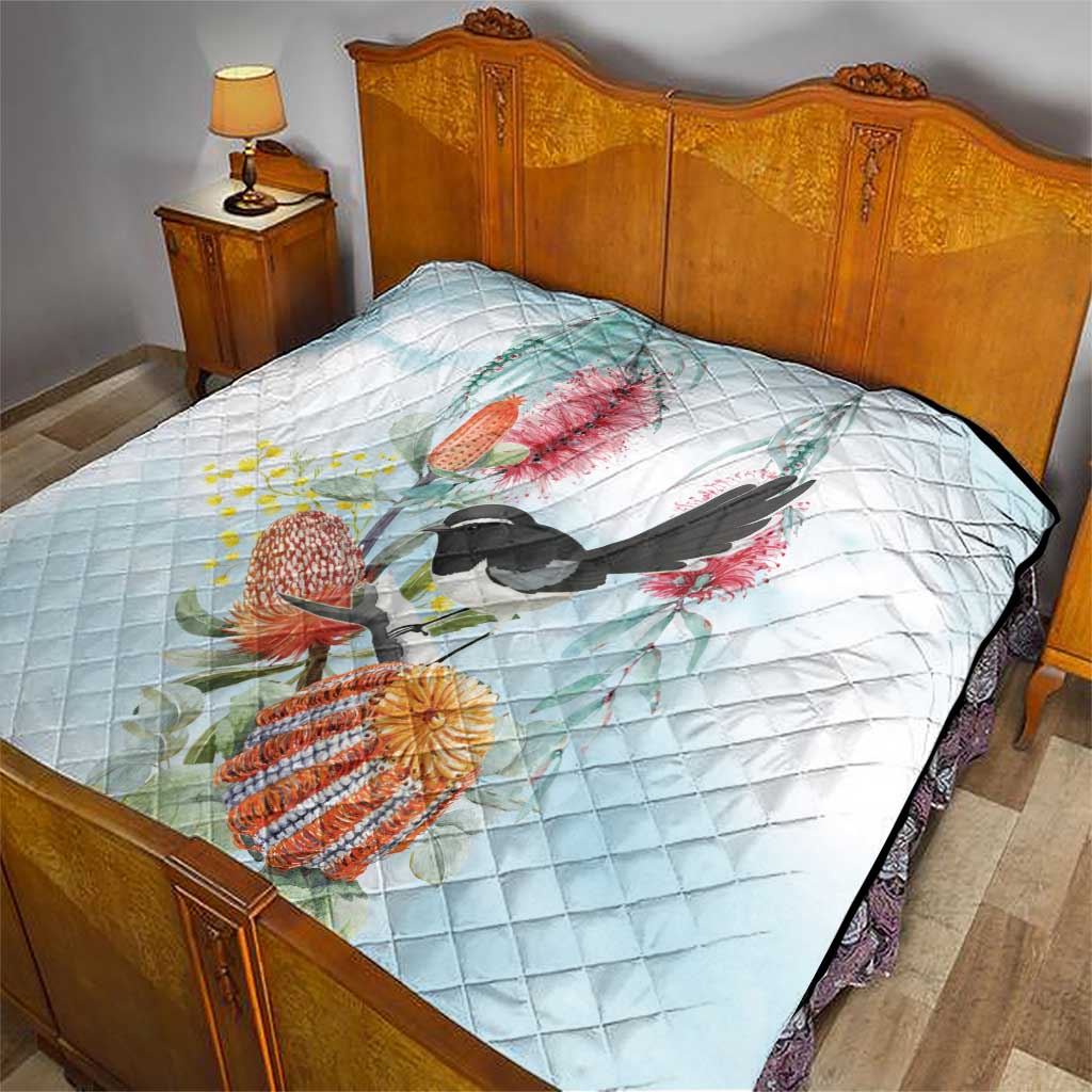Willie wagtail Australia Quilt Banksia Bottlebrushes Watercolor Stylized - Aussie Hoodie