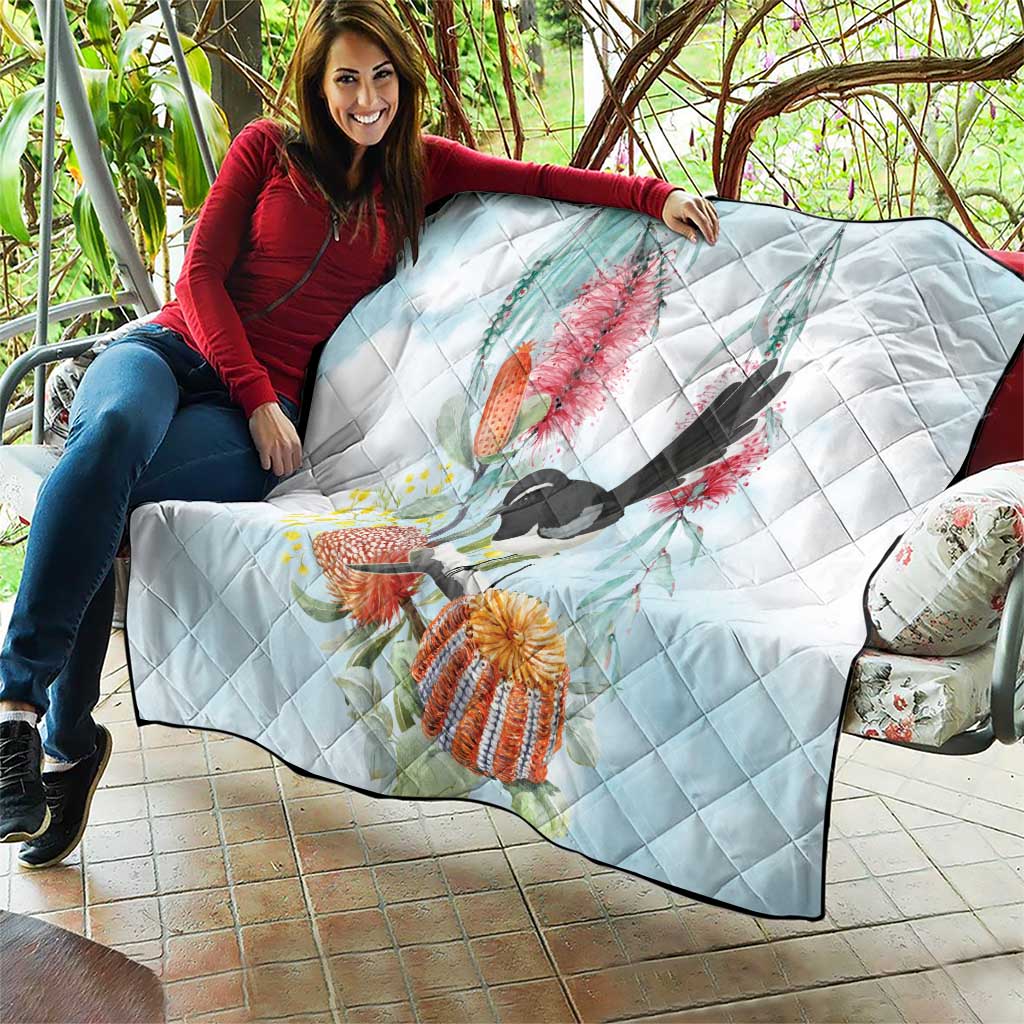 Willie wagtail Australia Quilt Banksia Bottlebrushes Watercolor Stylized - Aussie Hoodie
