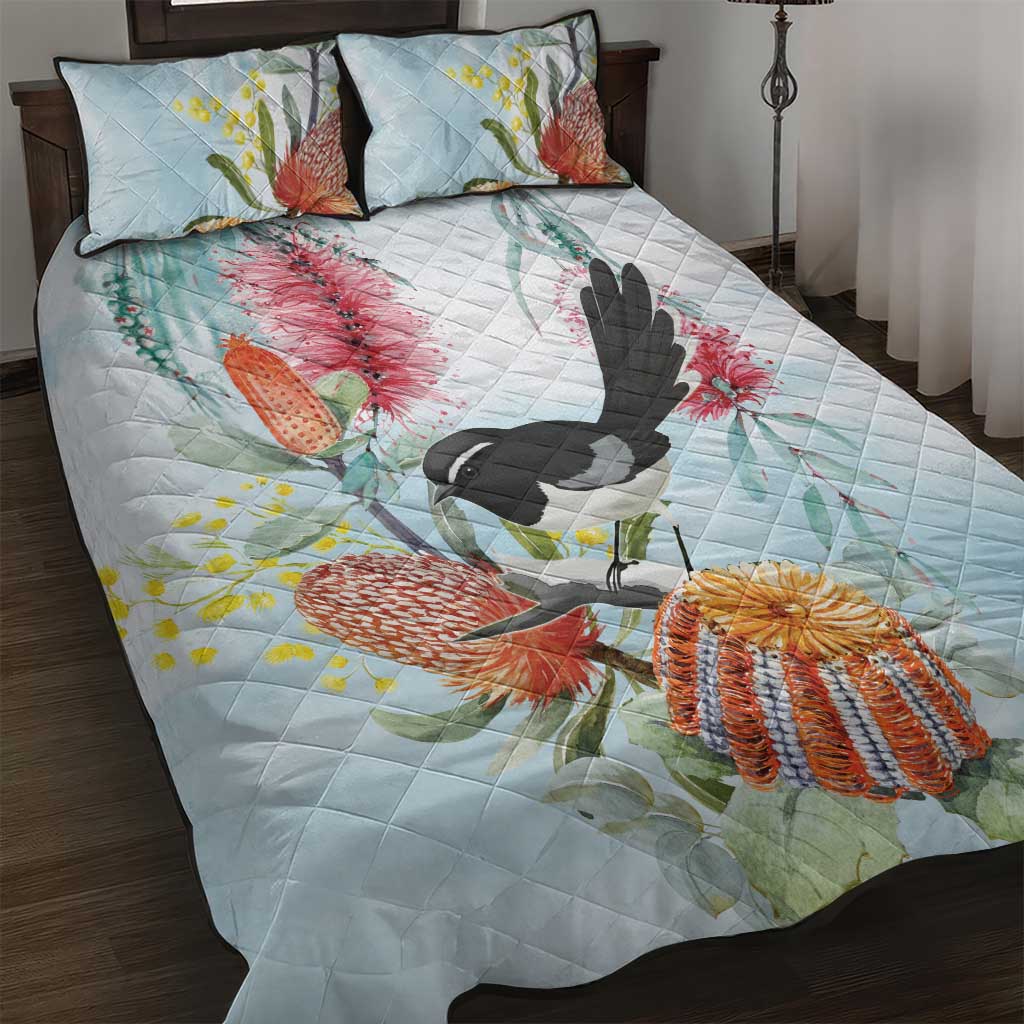 Willie wagtail Australia Quilt Bed Set Banksia Bottlebrushes Watercolor Stylized - Aussie Hoodie