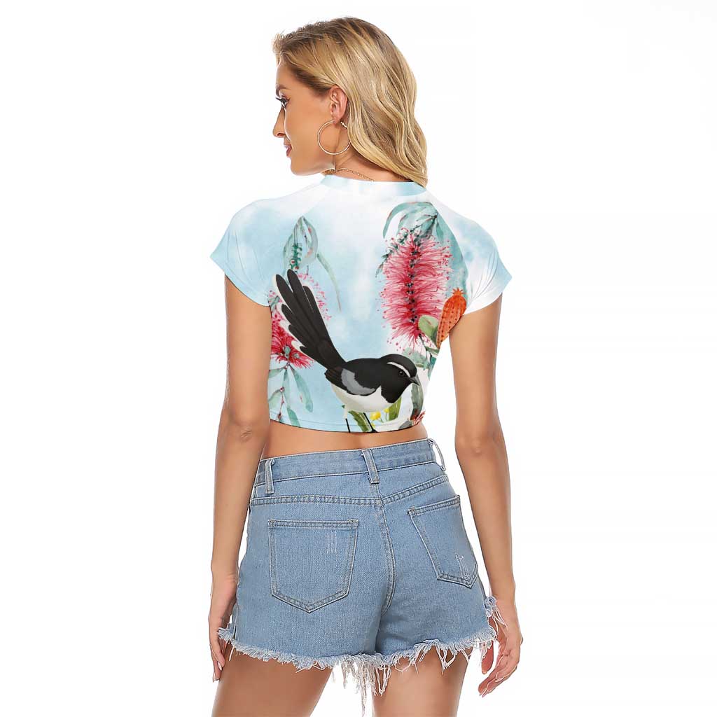 Willie wagtail Australia Raglan Cropped T Shirt Banksia Bottlebrushes Watercolor Stylized - Aussie Hoodie