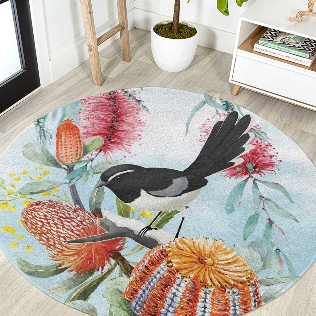 Willie wagtail Australia Round Carpet Banksia Bottlebrushes Watercolor Stylized - Aussie Hoodie
