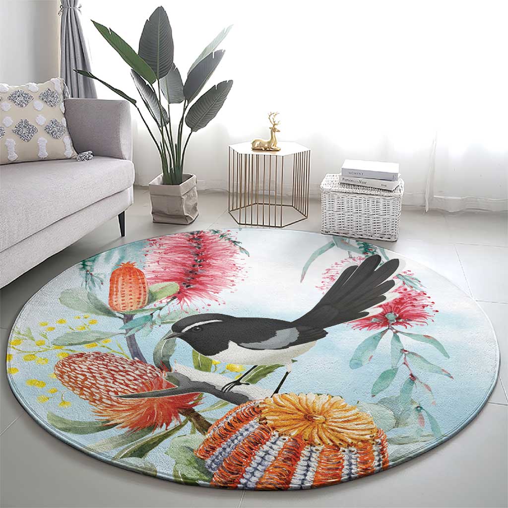 Willie wagtail Australia Round Carpet Banksia Bottlebrushes Watercolor Stylized - Aussie Hoodie