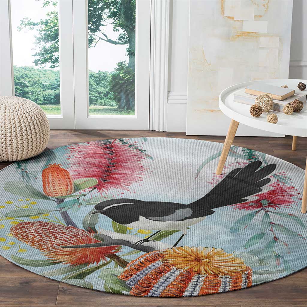 Willie wagtail Australia Round Carpet Banksia Bottlebrushes Watercolor Stylized - Aussie Hoodie