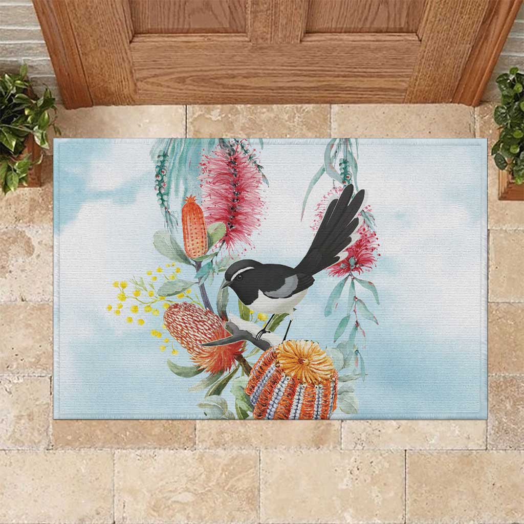 Willie wagtail Australia Rubber Doormat Banksia Bottlebrushes Watercolor Stylized - Aussie Hoodie