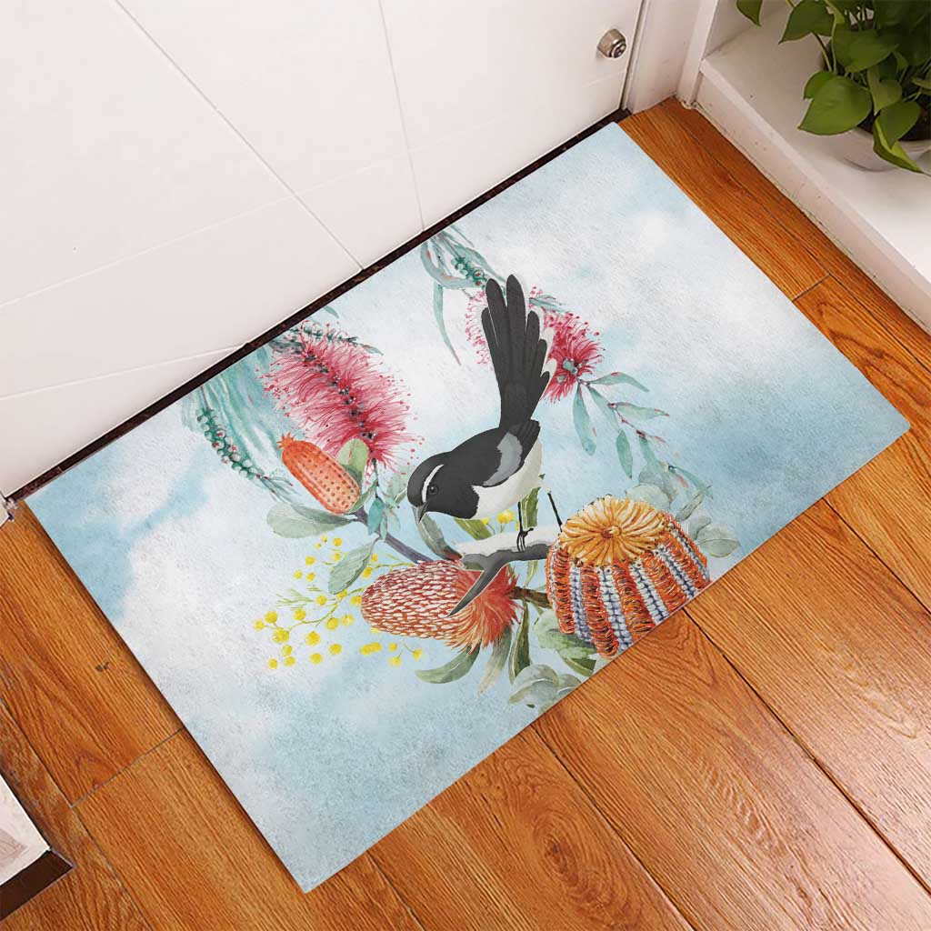Willie wagtail Australia Rubber Doormat Banksia Bottlebrushes Watercolor Stylized - Aussie Hoodie