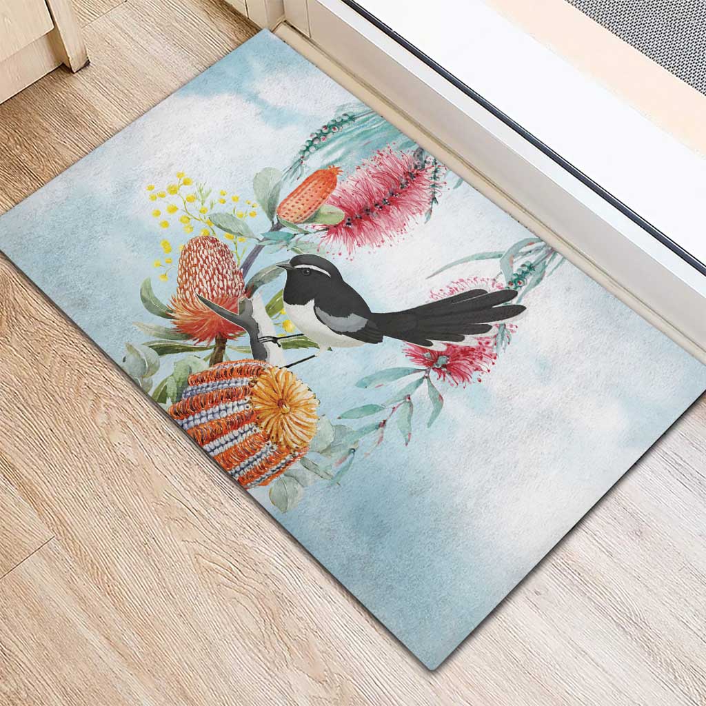 Willie wagtail Australia Rubber Doormat Banksia Bottlebrushes Watercolor Stylized - Aussie Hoodie