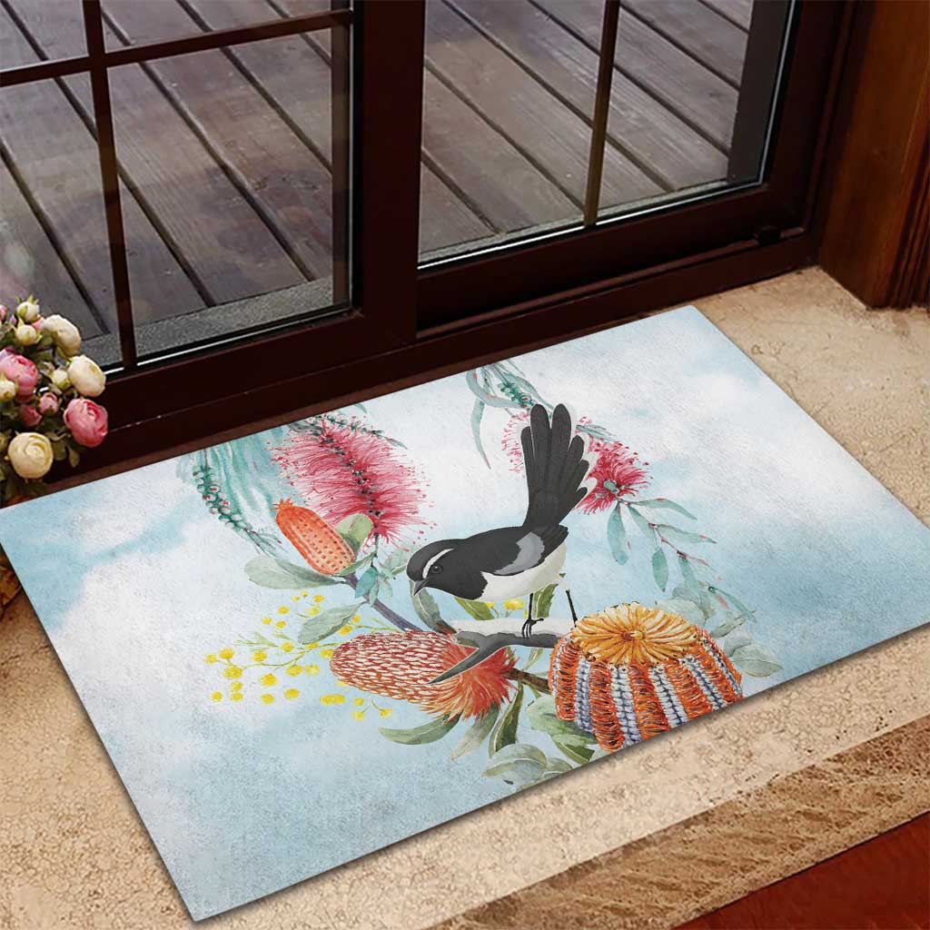 Willie wagtail Australia Rubber Doormat Banksia Bottlebrushes Watercolor Stylized - Aussie Hoodie
